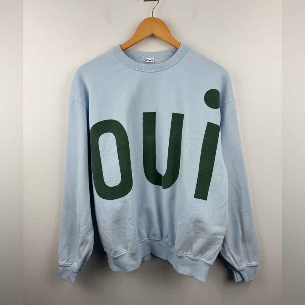 Clare V Light Blue Sweater with Green Lettering